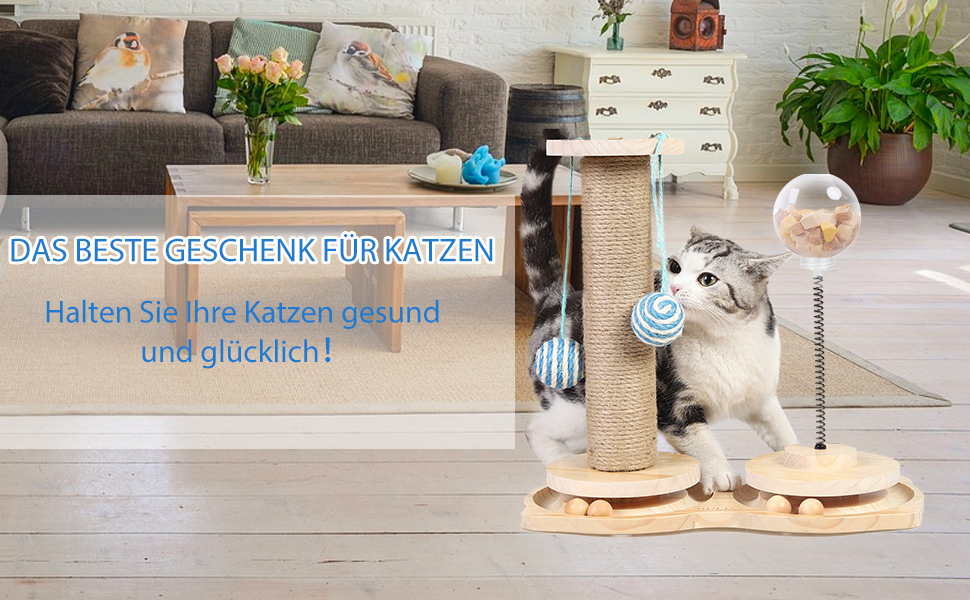 Інтерактивна іграшка для котів Marchul 4-в-1: когтеточка з сизалю, іграшкові м'ячики, куля-дозатор для ласощів. Підходить для кошенят та дорослих котів.