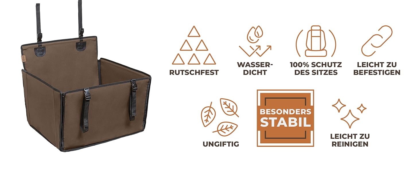 Автокрісло для собак WUGLO Extra Stable, коричневе, для собак середніх розмірів, з 4 ременями, водонепроникне