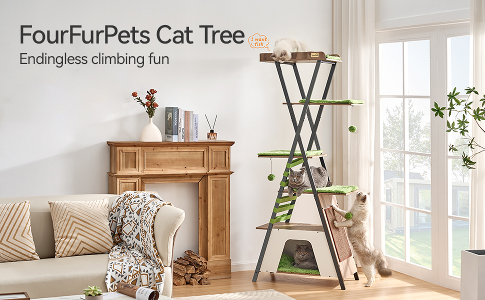 Х ярусна кігтеточка FourFurPets, 111 см, вінтажна коричнева, 3-