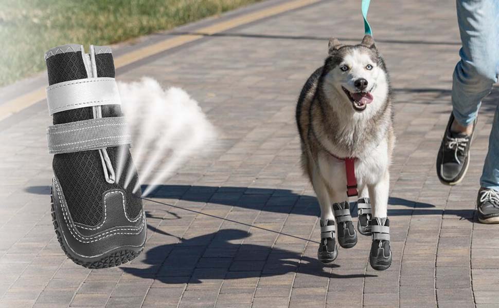 Водонепроникні чоботи для собак з світловідбиваючими ременями, антиковзка гумова підошва, захист лап, для малих, середніх та великих собак (L, B-Чорний-дихаючий)