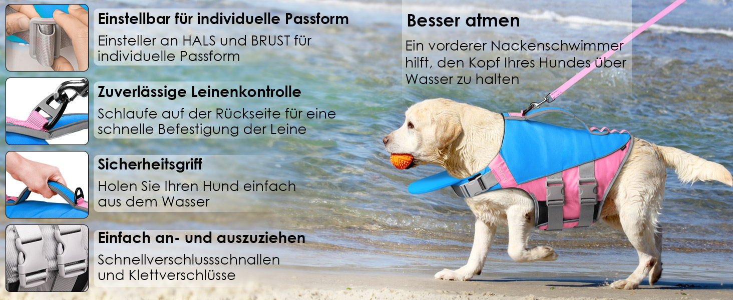 Жилет рятувальний для собак ThinkPet, світловідбиваючий, регульований, з підйомною силою (блакитно-рожевий, S)