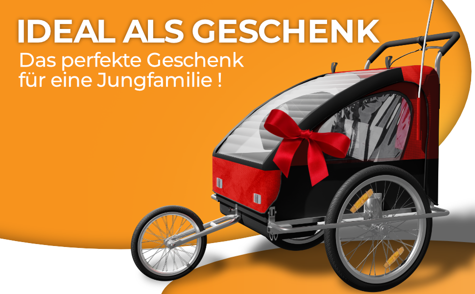 SAMAX Fahrradanhänger Jogger 2в1: Дитячий велопричіп-коляска для 2 дітей з підвісною віссю (червоний/чорний, срібляста рама)