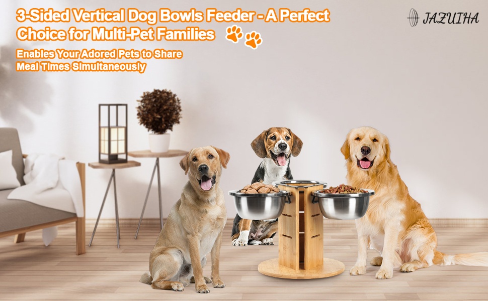 Підвищений годівниця для великих собак, регульована висота, 3 миски з нержавіючої сталі 1400 мл, годівниця-станція на 3 сторони, підставка для собак з дерева та срібла