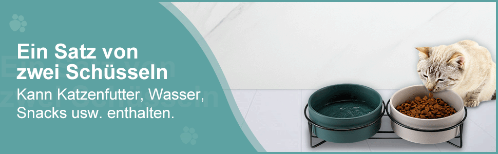 Набір мисок для котів PETTOM з підставкою (2 шт.), кераміка, захист шиї, зелений + сірий