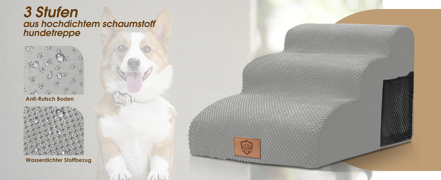 Сходинки для собак 3 ступені, антиковзні, 40 см, сірі. Підходять для маленьких собак та котів. Зручні для доступу на диван/ліжко. Легко миються.