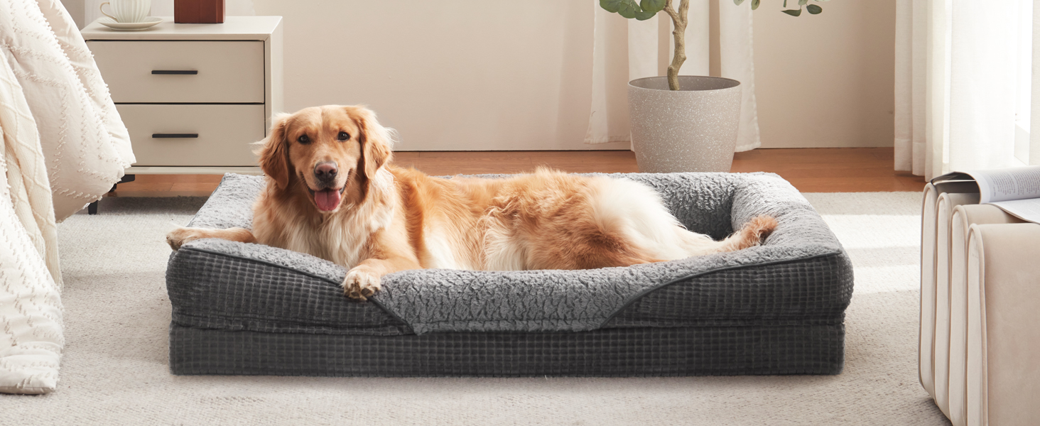 Ортопедичне ліжко для собак середніх та великих порід FURTIME, 89x64x18 см, сірий колір. Знімний та миючий кошик для собак з Memory Foam, з високим бортиком та антиковзким покриттям.