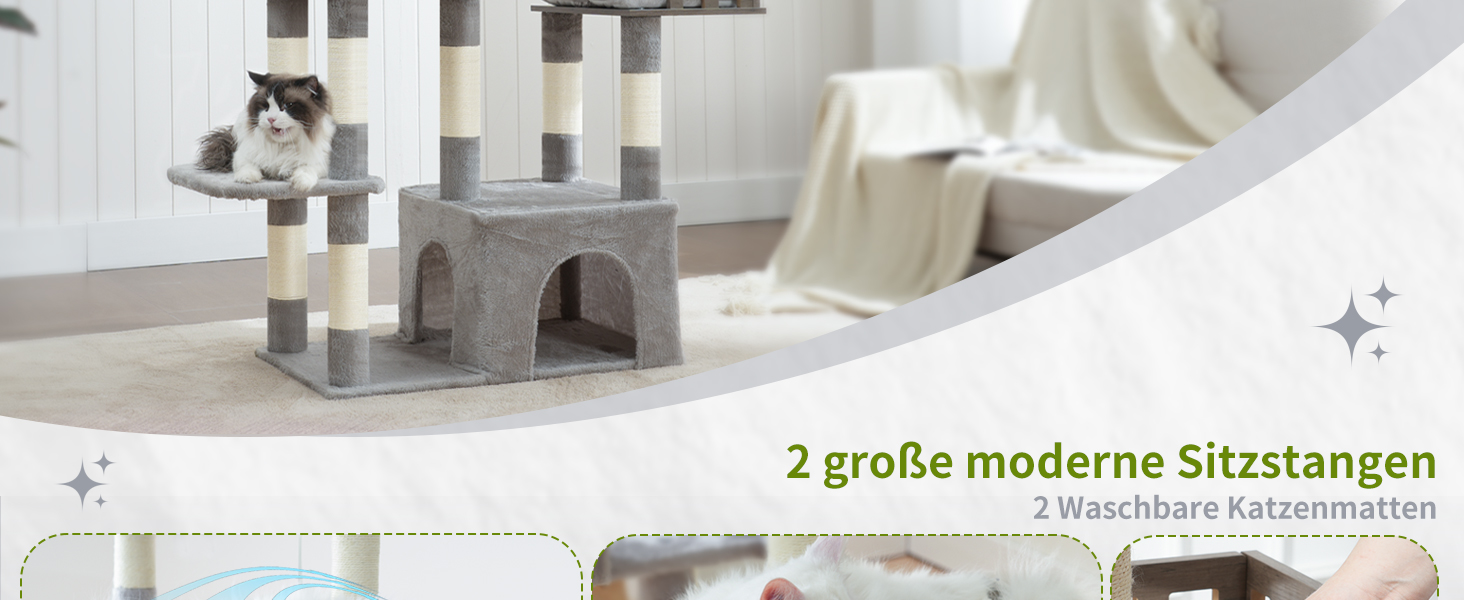 Котячий будиночок Kratzbaum: великий, з гамаком, 2 печери, 15 стовпчиків для дряпання (174см, світло-сірий)