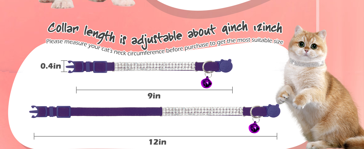 Нашийник для котів ExPawlorer з дзвіночком та стразами, м'який оксамит, безпечний, регульований, для котів та маленьких собак, 2 шт. (чорний та фіолетовий), 9'-12'