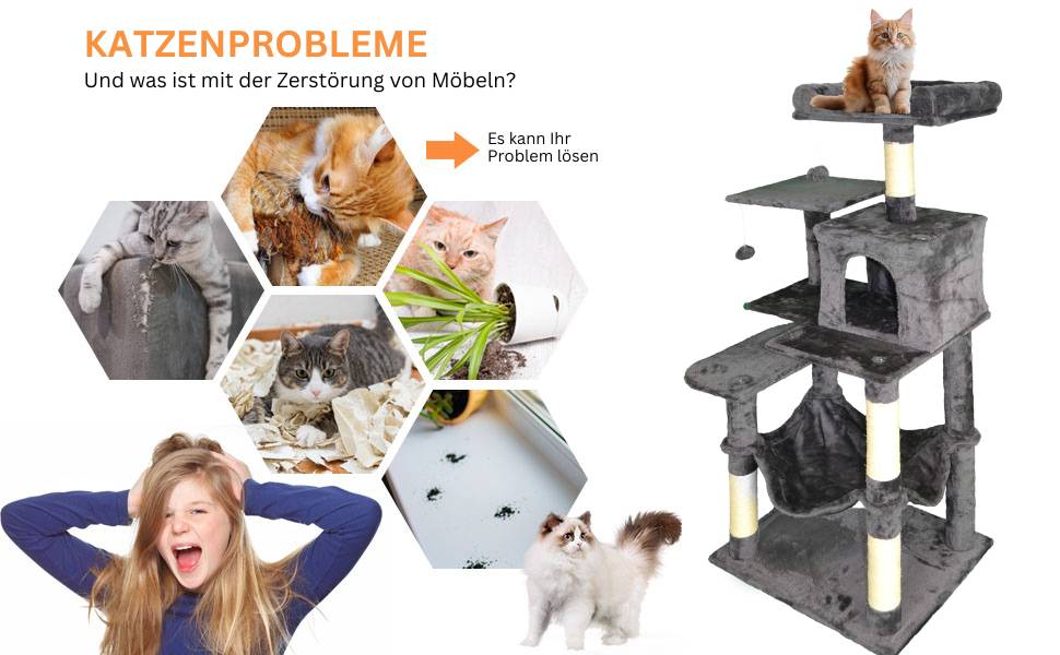 Кігтеточка-будиночок для котів DEFACTO, 143 см, з 4 кігтеточками, 2 платформами, гамаком (BEIGE)