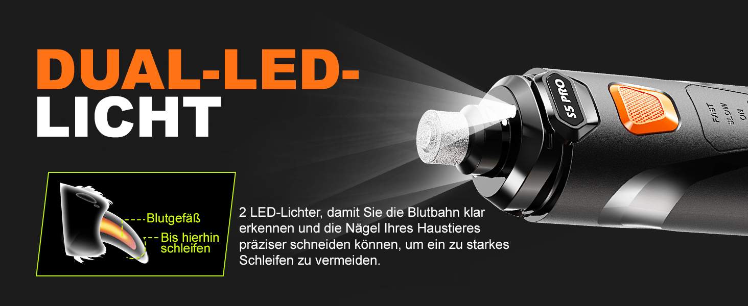 Електрична машинка для підстригання кігтів собак та котів: тиха, з LED-підсвіткою та 2 швидкостями | Перезаряджувана з 3 насадками та аксесуарами | Для безпечного догляду за кігтями