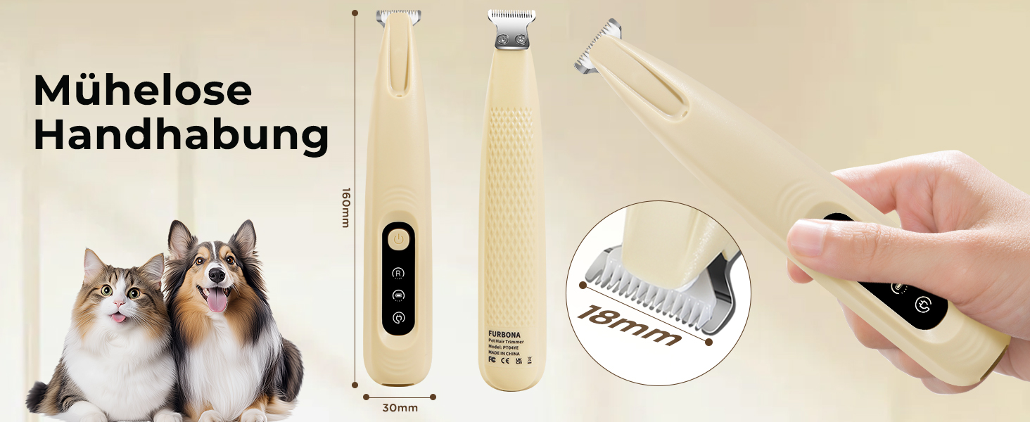 Триммер для догляду за лапами собак - 18 мм насадка, LED-дисплей, тиха робота 35 дБ, водонепроникний, USB-C, бездротовий - для лап, вух, обличчя та ділянок тіла
