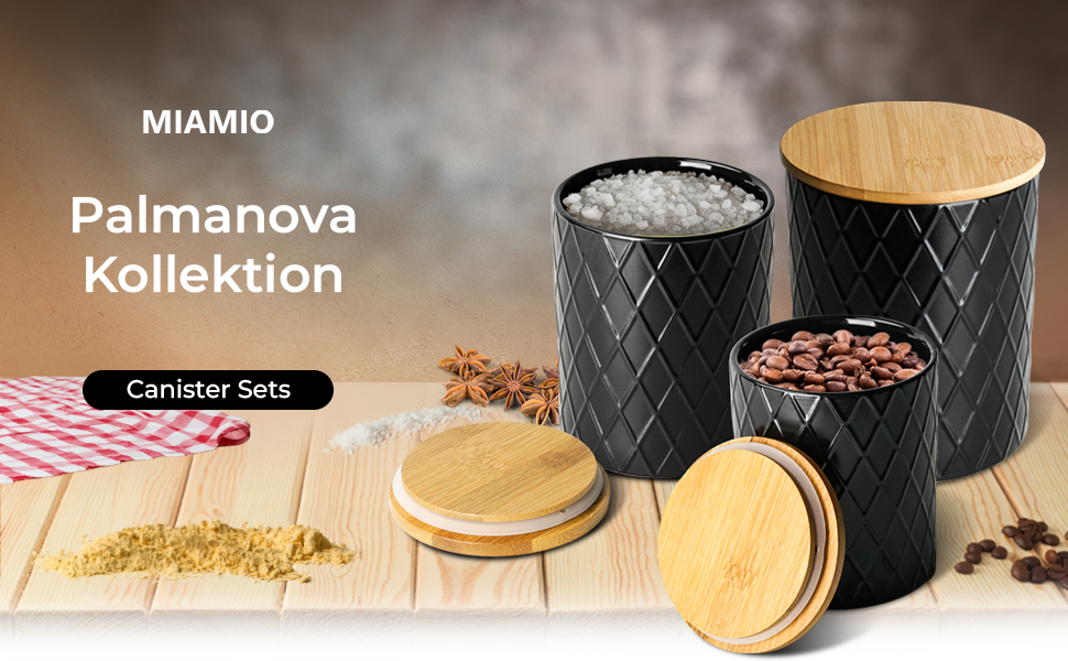 Набір з 3 вазок для зберігання Miamio Palmanova, кераміка з дерев'яним кришкою, білий та чорний кольори