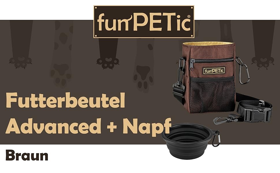 Набір для годування тварин funPETic: сумка для ласощів та складна миска з силікону. Сумка для корму з 4 відділеннями, варіанти носіння, карабін у подарунок. Ідеально для собак, коней та дресирування.