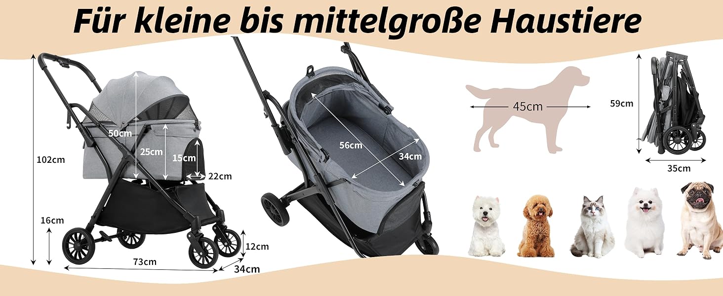 Візок для собак та котів MAMIZO, складний, до 20 кг, сірий