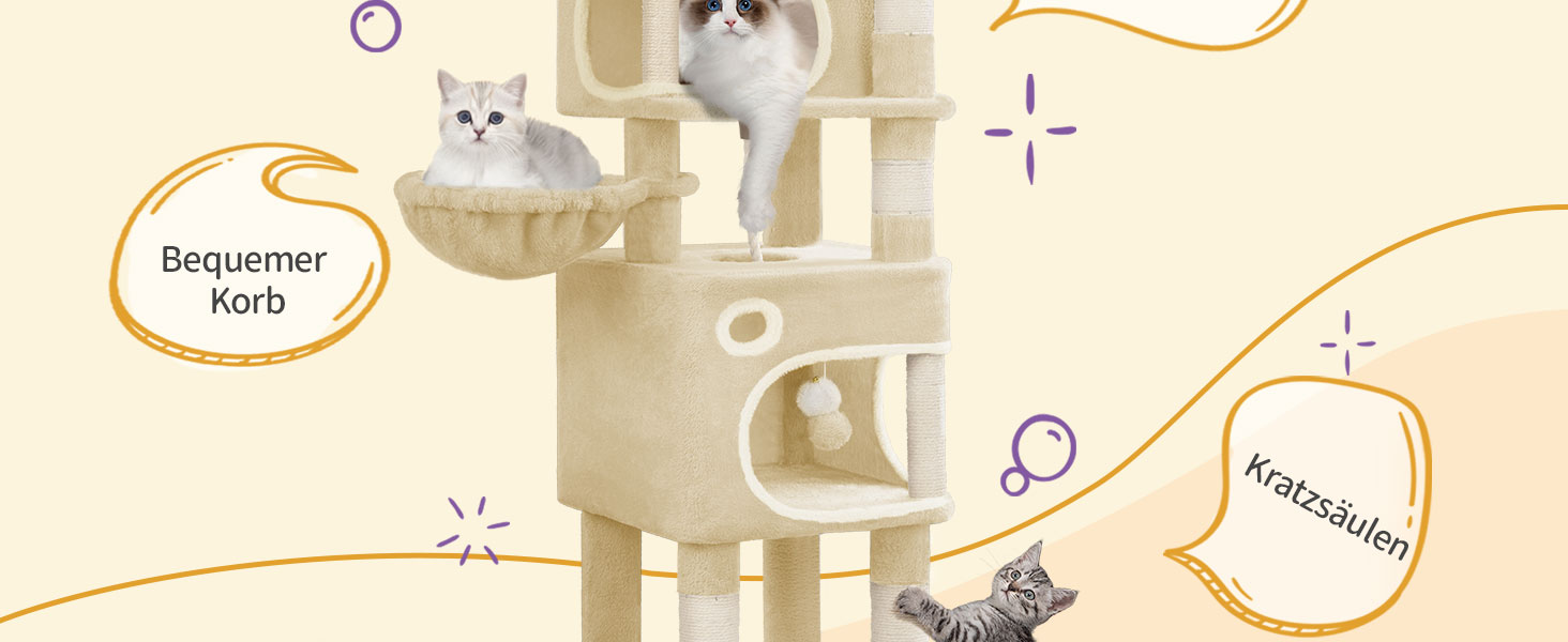 Драбина-кіготь для котів Hzuaneri, 159 см, з 8 стовпчиками, 3 платформами, 2 хованками, кошиком, плюшевими кульками та мотузкою з сизалю. Підходить для котів різних розмірів. MS15918LG (Бежевий)