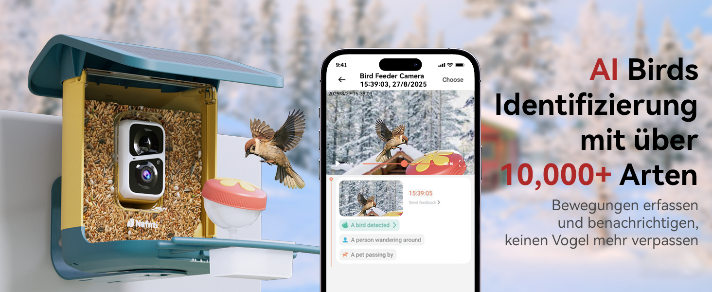 Сонячна годівниця для птахів з камерою 2K, з AI розпізнаванням понад 10 000 видів, об'єм 1.8L, IP65 водонепроникна, Wi-Fi 2.4 GHz/5 GHz, нічне бачення, подарунок для любителів птахів