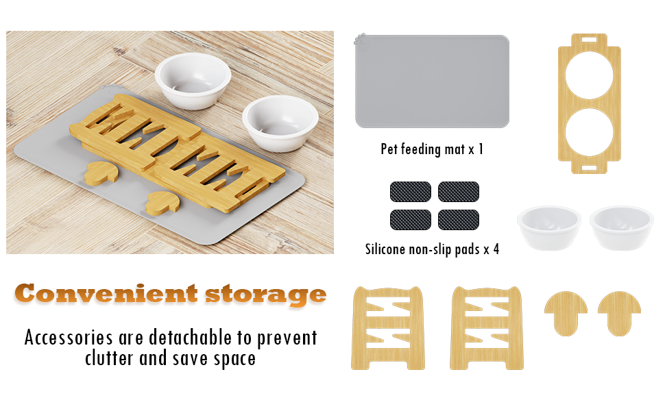 Підвищена годівниця для собак з підставкою, регульована висота, годівниця для маленьких собак та котів, міцна годівниця з бамбука з 2 керамічними мисками та килимком для тварин