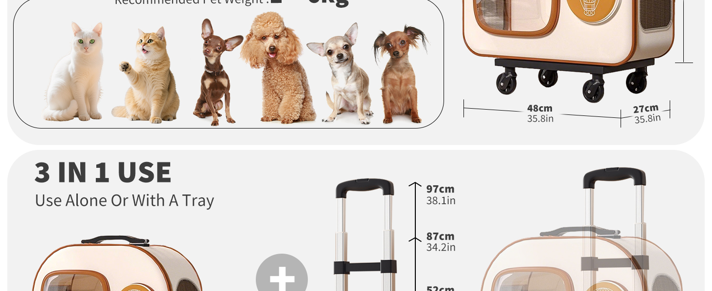 PETCUTE Рюкзак-переноска для собак та котів з колесами, складаний, з внутрішнім страхувальним ремінцем, дихаючий, для маленьких собак та середніх котів, бежевий