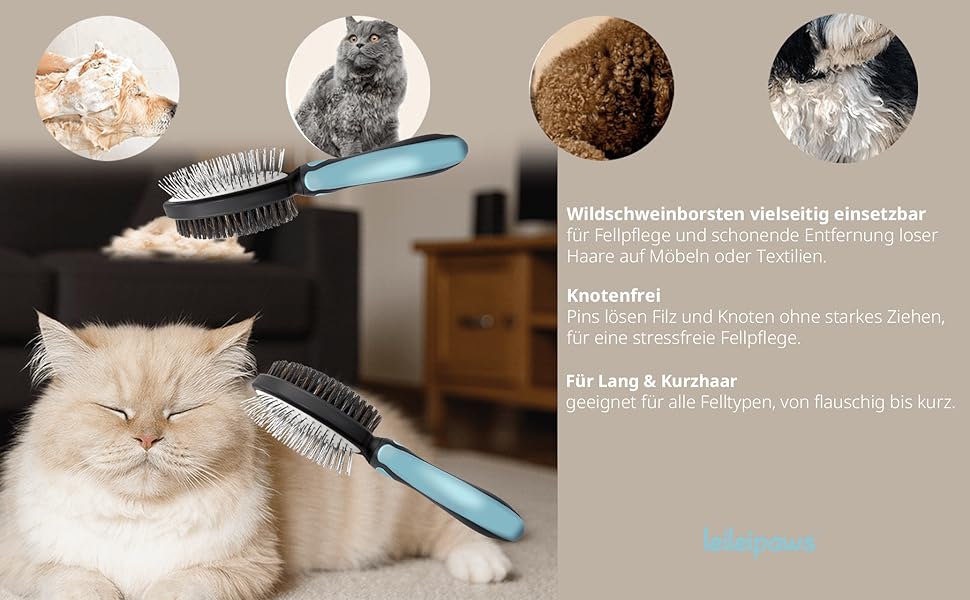 Двостороння щітка для собак та котів – вичісувальний гребінь для довгої та короткої шерсті, металеві щетинки та натуральна щетина, ергономічна ручка TPR, м'який та ефективний догляд за шерстю (Синьо-Чорний)