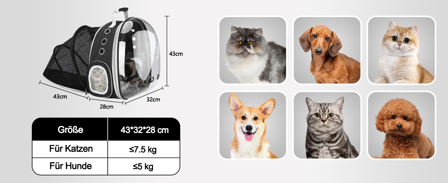 Рюкзак для кота та собаки Galatée, розширюваний, з вентиляцією, для подорожей, кемпінгу та хайкінгу (чорний)