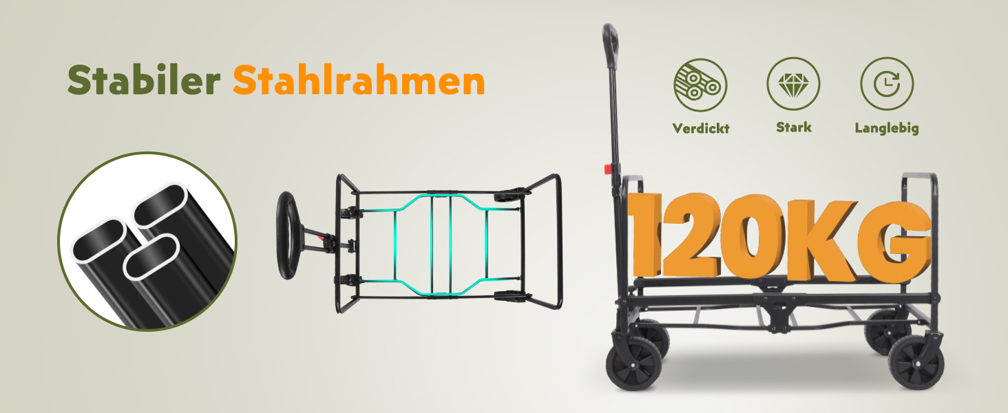 Складаний візок Bollerwagen 120L, до 120 кг з дощеміцким покриттям, тримачем для напоїв, світловідбиваючими смугами. Ідеальний для собак, покупок, кемпінгу, пляжу, транспортування та відпочинку на природі.