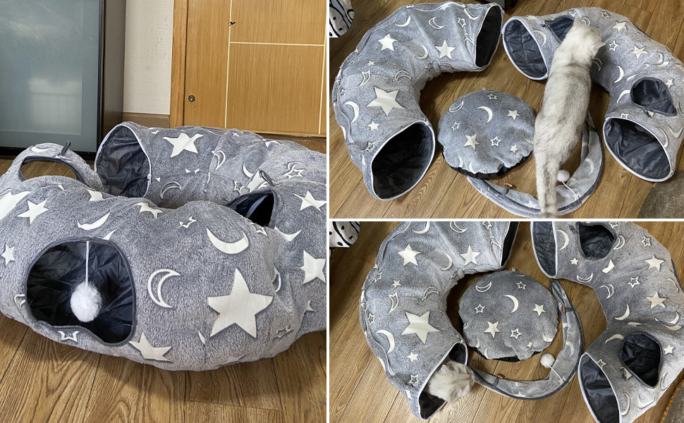 Кішка ліжко з підсвіткою, великий плюшевий тунель для котів з м'ячиком, велика шуршача печера для котів, іграшка для котів, кроликів або цуценят, сірий колір + світиться в темряві