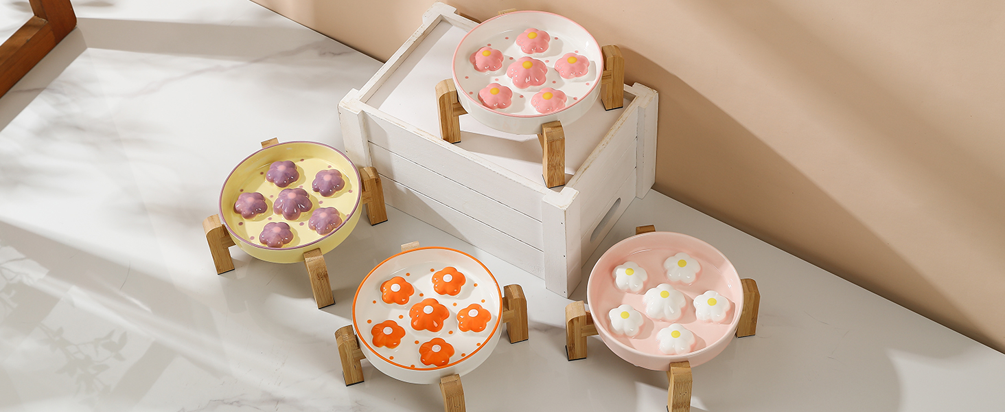 Підвищена годівниця для котів Anti Schling Napf - керамічна годівниця з антиковзним основанням, інтерактивна, для повільного годування, рожеві квіти