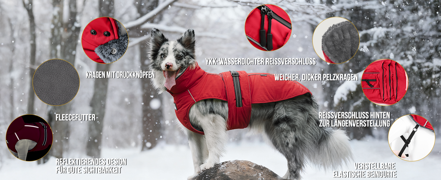 OneTigris STORMWALL Водонепроникний дощовик для собак з регульованою довжиною спини, флісовою підкладкою, світловідбиваючими елементами та коміром з хутра для прогулянок на природі, середніх та великих собак, L (XL:39-64кг, червоний)