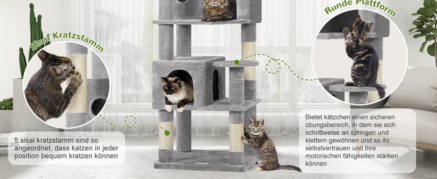 Драбина-стіл для котів Globlazer з 3 будиночками, платформа, 5 сизалевих стовпчиків, кошик та іграшками, 168 см, сірий