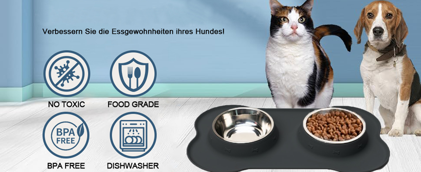 Набори мисок для собак CEASELESLY з нержавіючої сталі (2 x 400 мл) з підставкою з силікону, чорного кольору. Підходять для собак середніх та малих порід, кошенят та цуценят.
