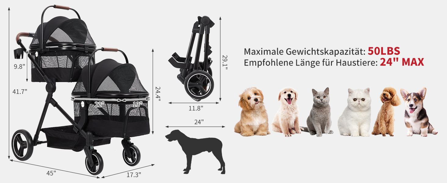 Складаний двоярусний візок для собак та котів до 22 кг, з сітчастими віконцями, тримачем для напоїв та місцем для зберігання. Ідеально для двох маленьких собак або котів. Легкий та зручний двошаровий візок.