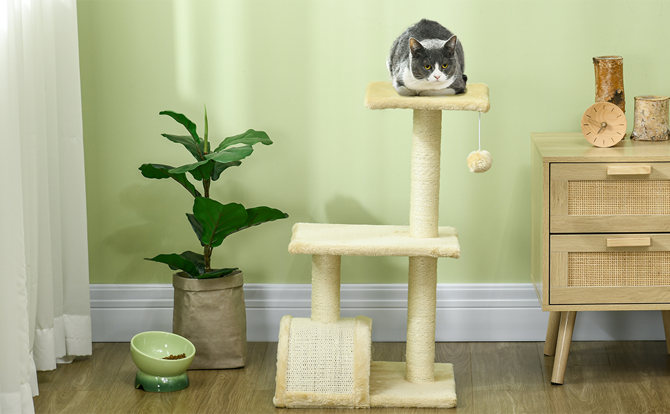 Кігтеточка PawHut для котів 72 см, багатоярусна, з м'ячиками, сизаль, платформа, для середніх котів, кремово-білий