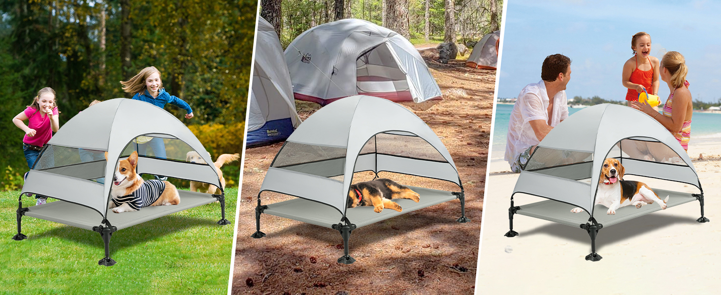 Лежанка для собак Snagle Paw з дахом, підвищене ліжко - стабільне собаче ліжко з антиковзкими ніжками, широка тінь - водонепроникна для великих собак в приміщенні/на вулиці, кемпінг та сад (Сірий, L106 x B76 x H84 см)