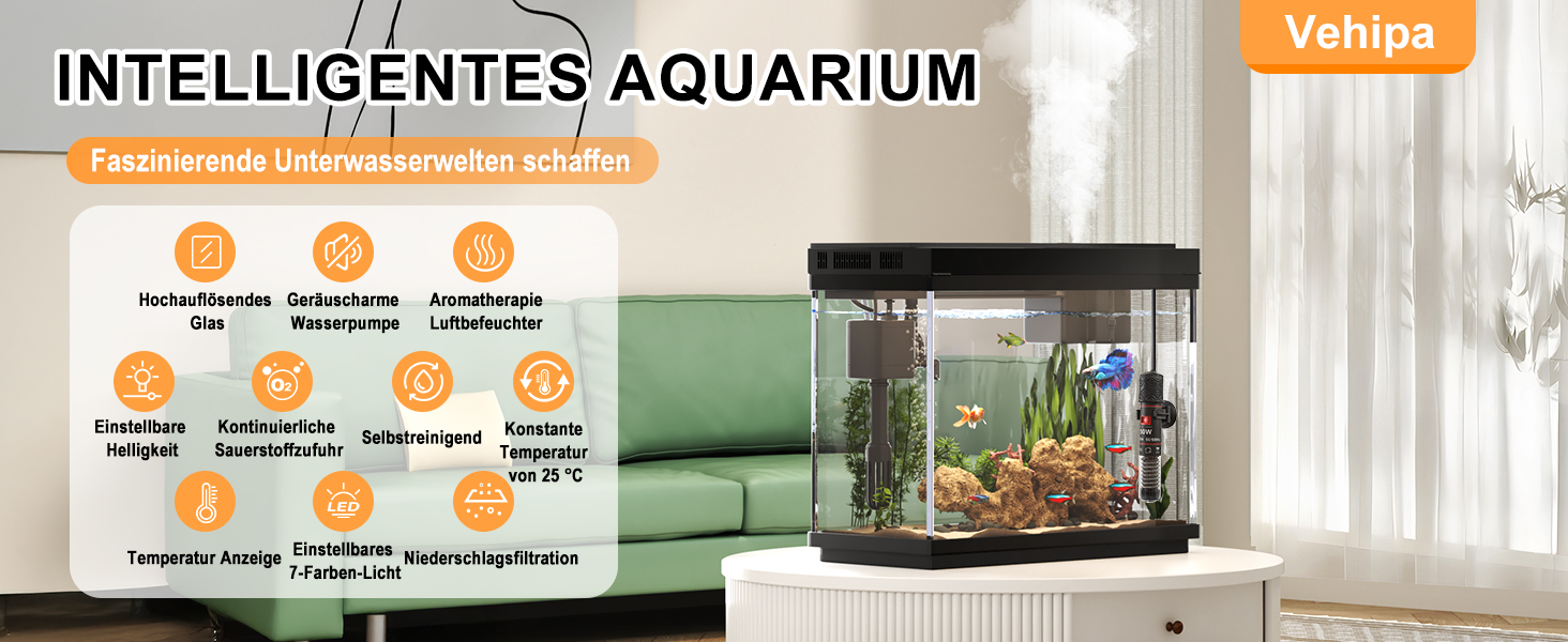 Акваріум Vehipa Nano 9L з підсвічуванням, фільтром, обігрівачем та зволожувачем повітря, UHD-скло, чорний