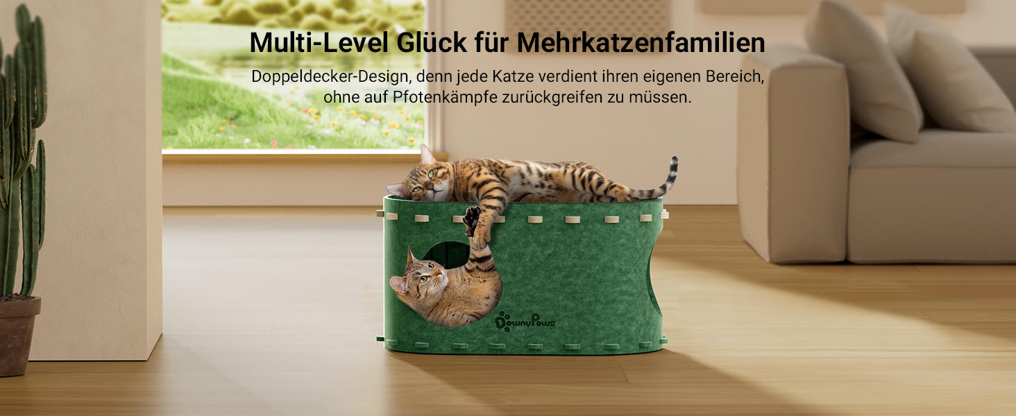 Кігтеточка-будиночок для котів DownyPaws з фетру, 2-ярусна, 50x33x50 см, зелена