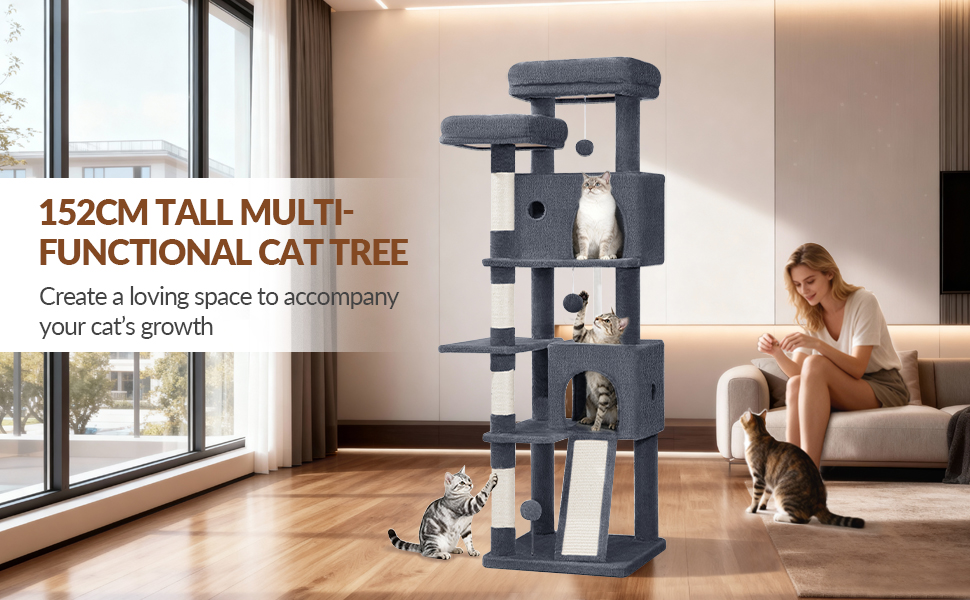 Котячий будиночок Kratzbaum 178 см, великий, стабільний з когтеточками, лежаками та платформами, сірий