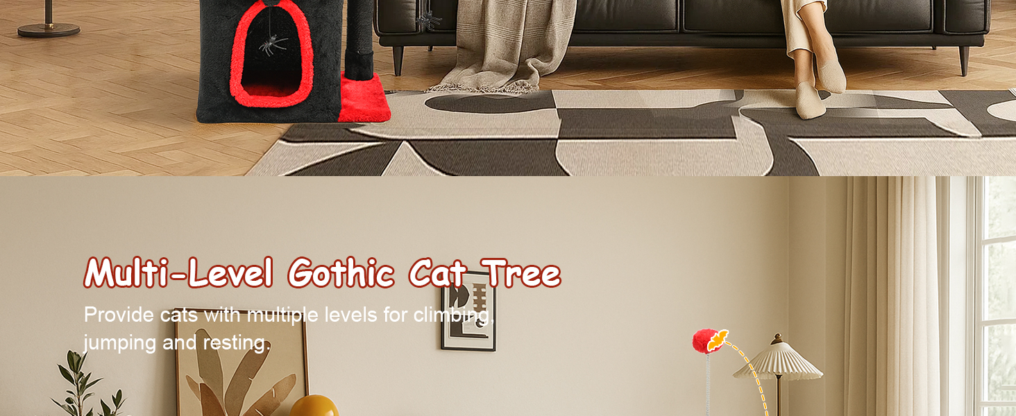 BYBYME Готичний кігтеточка для Хелловіну, 84.5 см, стійкий комплекс для котів з ліжком, будиночком, гамаком, кігтеточками з сизалю, багатофункціональна котяча іграшка (Чорний/Червоний), підлоговий, 96.5 см