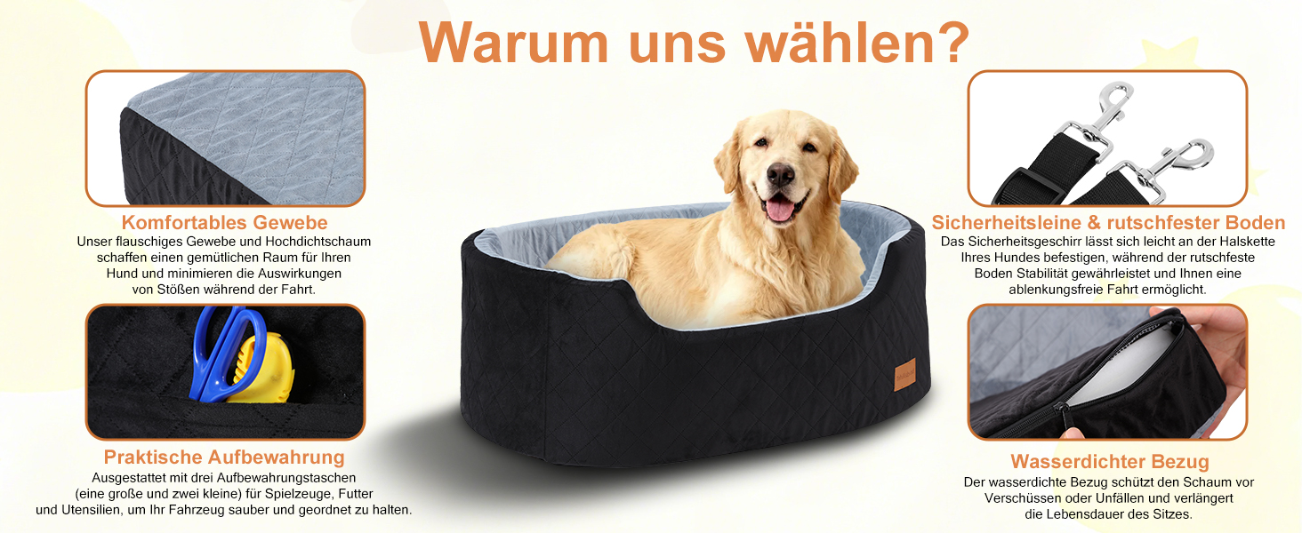 Автокрісло для собак середніх порід до 22,7 кг, 80x50x28 см, чорне. З безпечним ременем, товстим килимком, антиковзким дном, миється, переносна авто-підстилка для собак