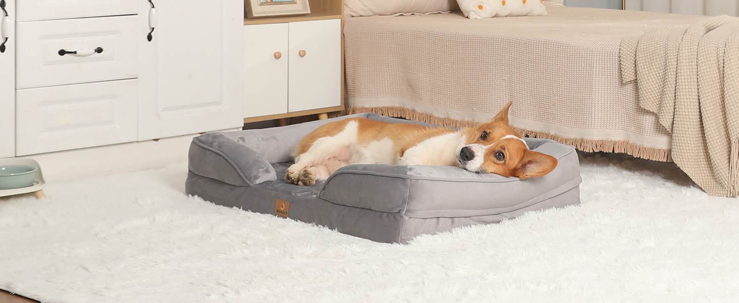 Ортопедичне ліжко для собак великих порід, ергономічне диван-лежанка з піною у формі ковчега, водонепроникне, неслизьке ліжко для собак 89x63 см, світло-сірий (світло-сірий, Д 89 x Ш 63 x В 17 см)