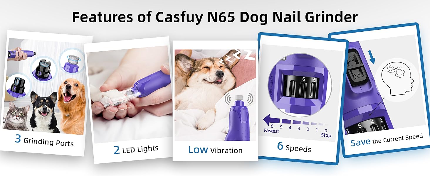 Електричний точилка для кігтів собак Casfuy - 6 режимів, 45 dB, з LED-підсвічуванням, для собак та котів великих, середніх та малих порід, фіолетовий