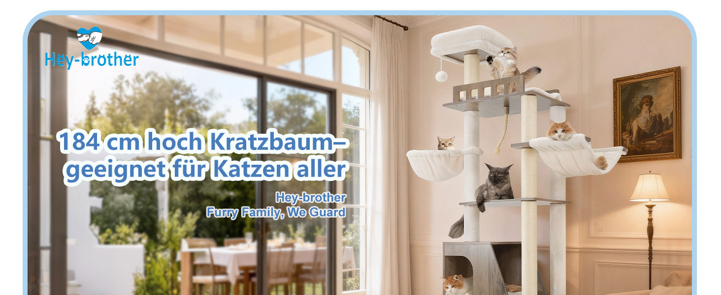 Дерев'яний кігтетопор Hey-brother Holz Kratzbaum 184см для великих котів, багатоярусний, зі стійкою платформою, кошиком, будиночком, щіткою та драбиною (Gris Vintage)
