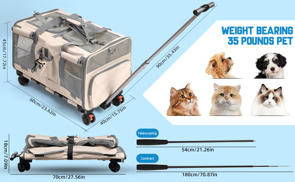 Переноска для котів велика, для 2 котів, складна, на колесах, знімні відділи, з іграшкою-пір'ям та ремінком, бежева
