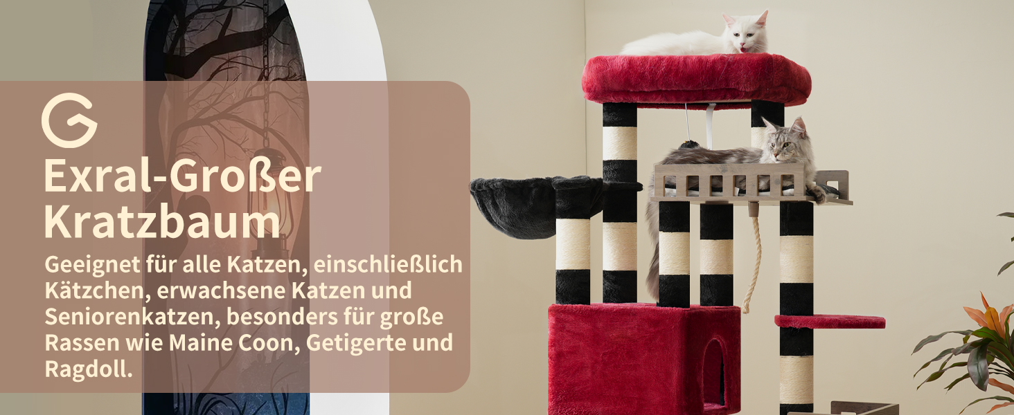 Котячий будиночок Kratzbaum: великий, з гамаком, 2 печери, 15 стовпчиків для дряпання (174см, чорний та червоний)