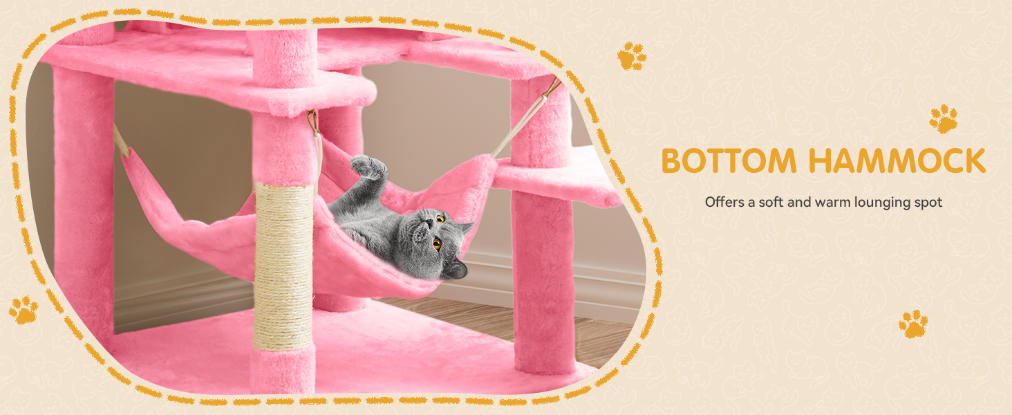 Кігтеточка YITAHOME для котів, велика, 190 см, з 8 стовпів з сизалю, 3 платформи, 2 печери, кошик, гамак, м'ячики, дошка для шліфування кігтів, рожева