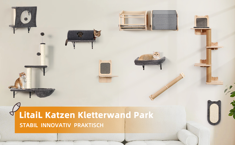 Кігтеточка для котів LitaiL Wandkratzbaum: 4 яруси, 110 см, з екошкіри, сірий колір