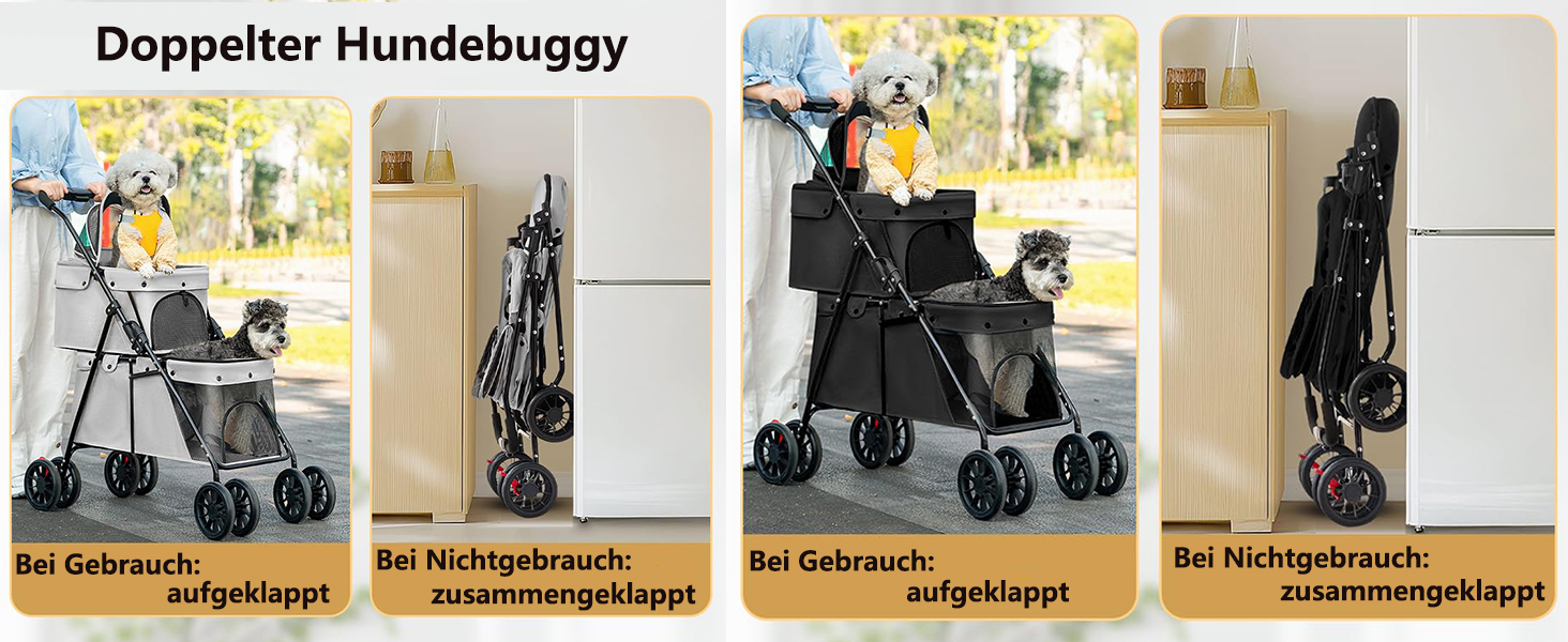 Складаний візок для собак на 2 ярусах, переноска для домашніх тварин до 24 кг, візок для собак з сітковими віконцями, ремінь безпеки, 4 колеса, складаний візок для котів та маленьких собак (чорний)