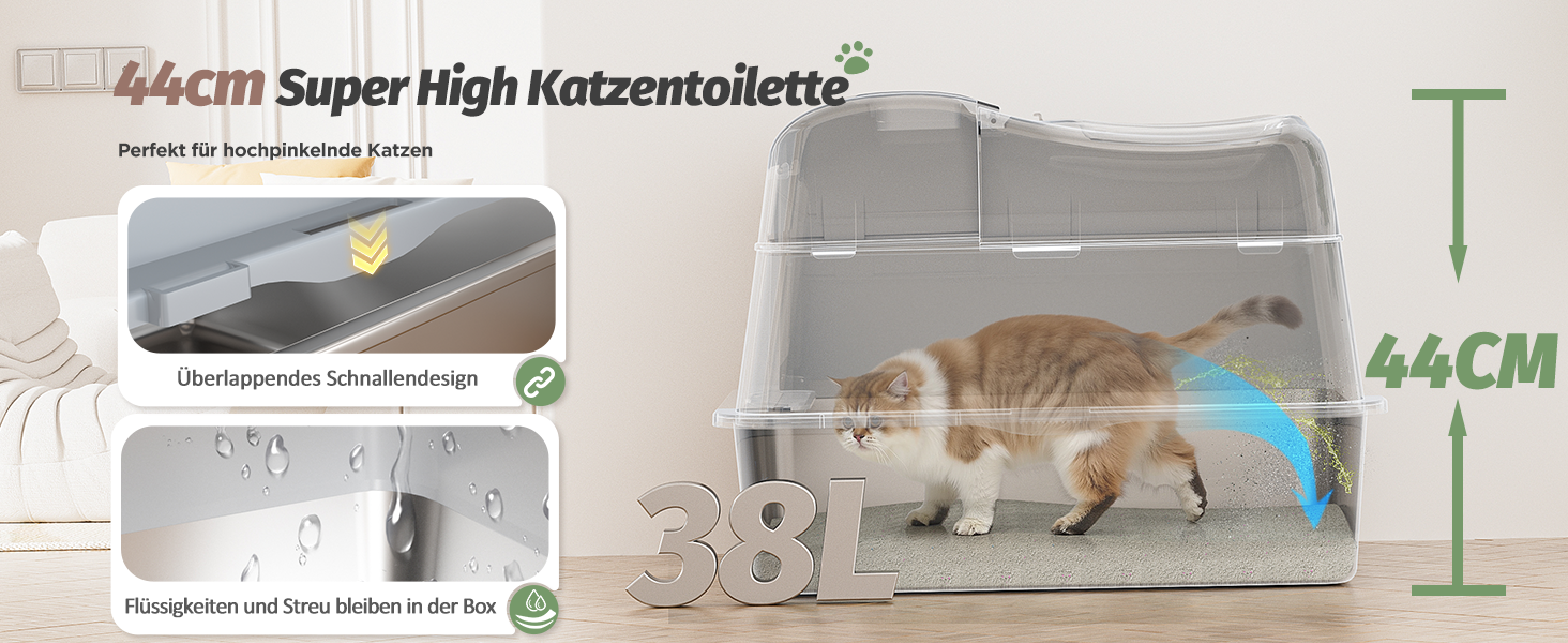 XXL Лоток для котів зі сталі з кришкою, 110° поворотна кришка, закритий лоток для котів, великий об'єм 40л з совочком та педальним механізмом, без запаху, захист від протікання та легке очищення, 60х42х44 см