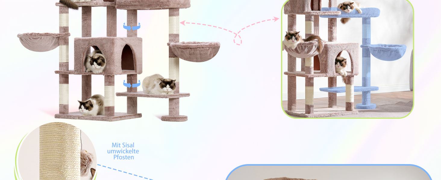 Котячий будиночок Hey-brother XXL для великих котів, 180 см. Стабільний котячий комплекс з 3 платформами, 3 великими печерами та 2 котячими будиночками, бежевий, EMPJ038MU