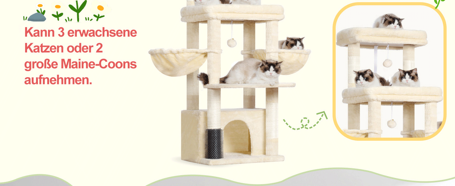 Котячий будиночок Hey-brother Kratzbaum для великих котів та Мейн-кунів, багатоярусний, з 2 платформами, 2 будиночками, великою печерею та щіткою, EMPJ070W (Бежевий)