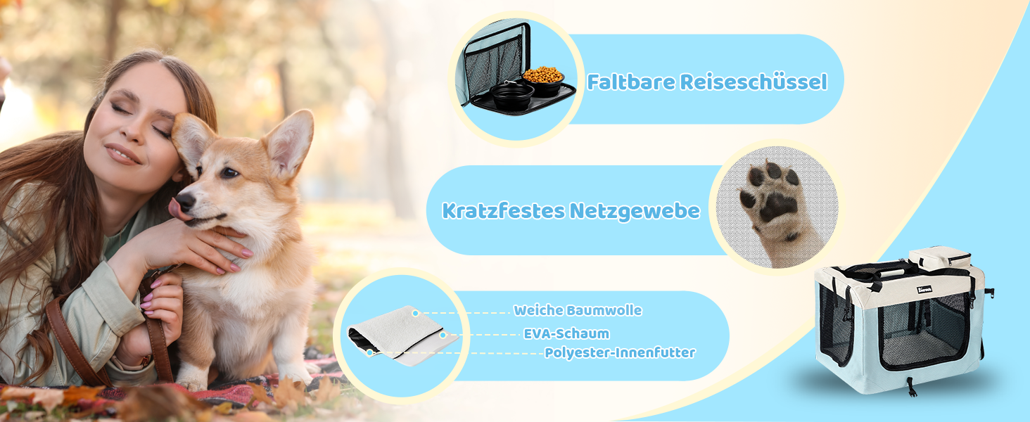 Транспортна переноска для собак та котів XL, 81x58x58 см, складана, з мисками, блакитна